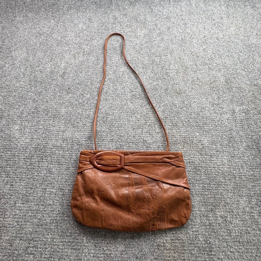 Vintage Letisse Brown Leather Clutch‎ Shoulder Bag Buckle Embossed 80s 90s Boho